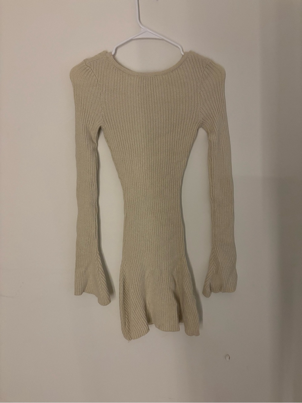Princess Polly Cream Ribbed Long-Sleeve Flared-Hem Dress